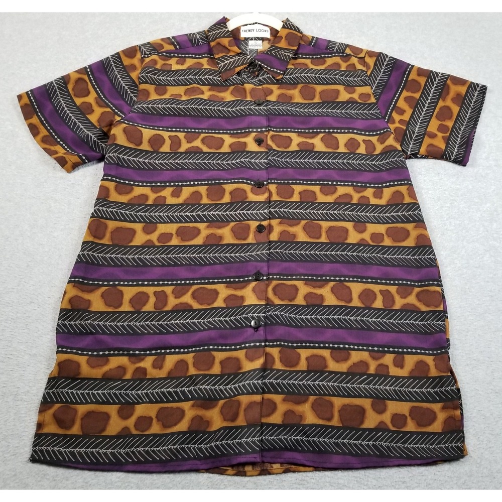 Trendy Looks Button Up Shirt Women L Large Purple Brown Leopard Stripe Sheer Top
